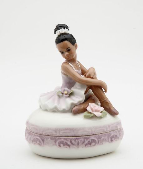 Porcelain African American Ballerina with Purple Dress Trinket Box