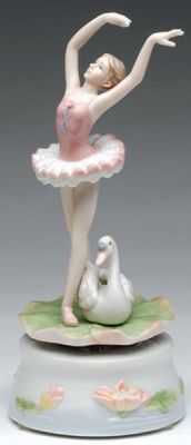 Porcelain Turning Ballerina with Swan Music Box and Plays Swan Lake