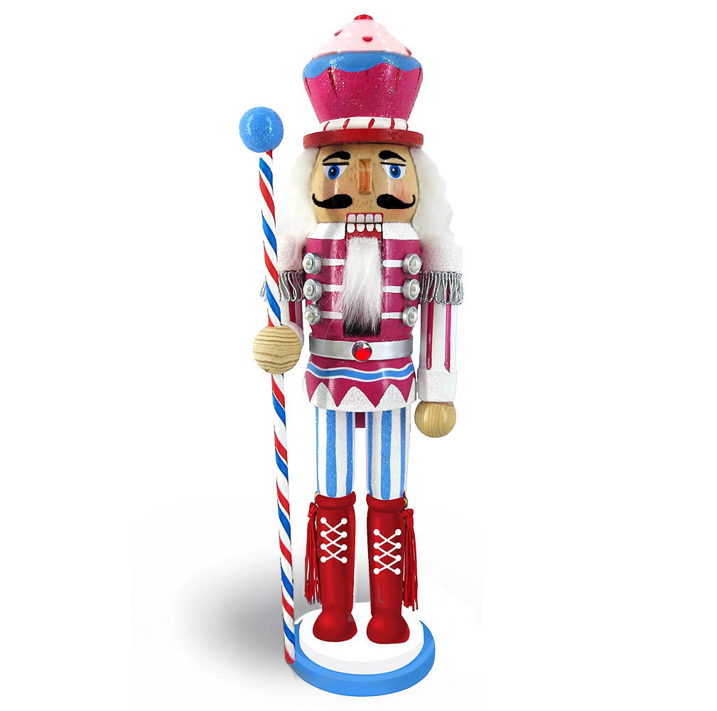 Candy Cane Nutcracker Red Pink and Blue with Cupcake Hat 12 inch