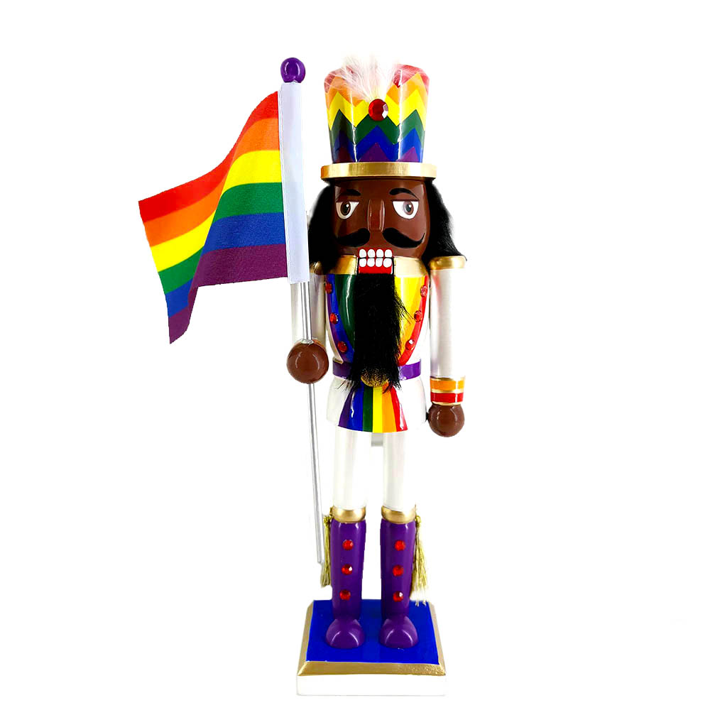 Soldier Pride African American Nutcracker in Rainbow Colors Waving Rainbow Pride Flag 12 inch