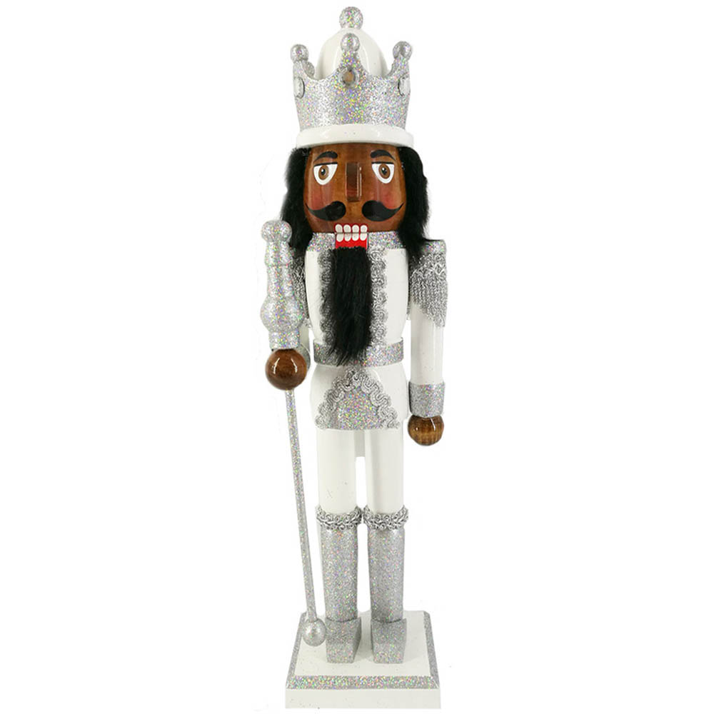 African American King Nutcracker Silver and White with Crown 15 inch