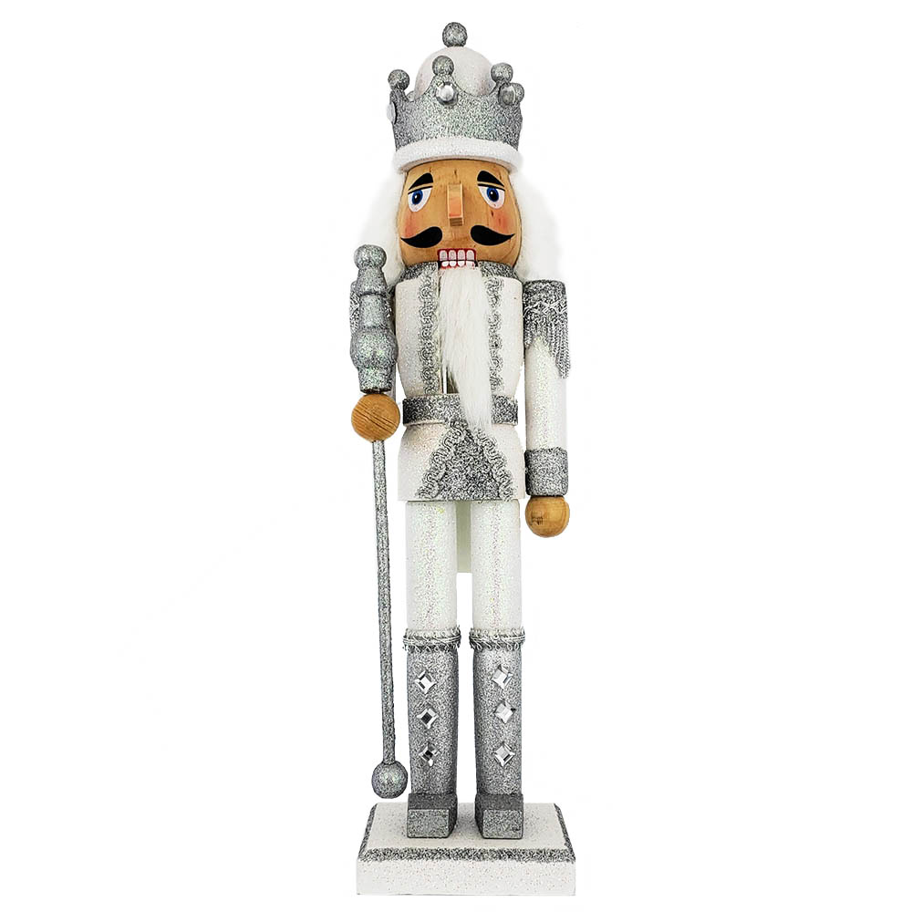 King Nutcracker Silver and White Glitter and Crown 15 inch