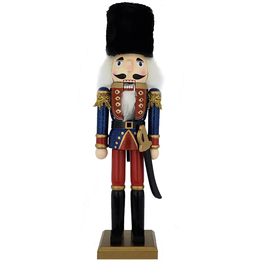 Traditional Soldier Nutcracker Blue Red and Black Fur Hat 15 inch