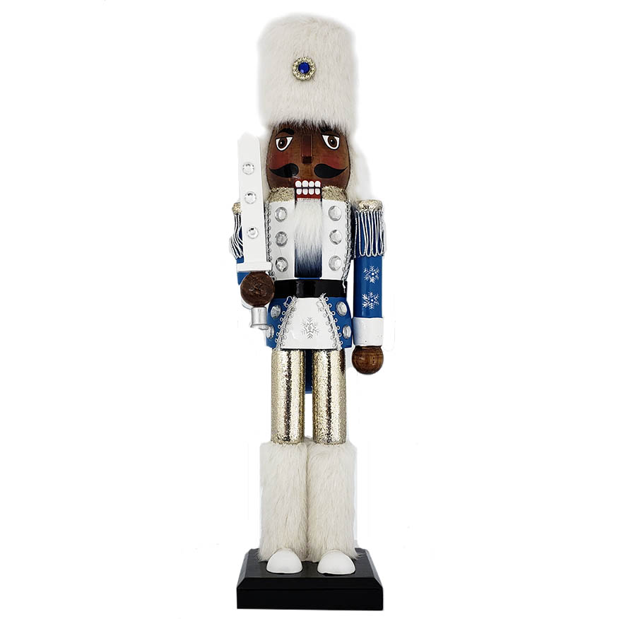 Snow Fantasy African American Soldier Nutcracker White and Blue Fur Hat 15 inch
