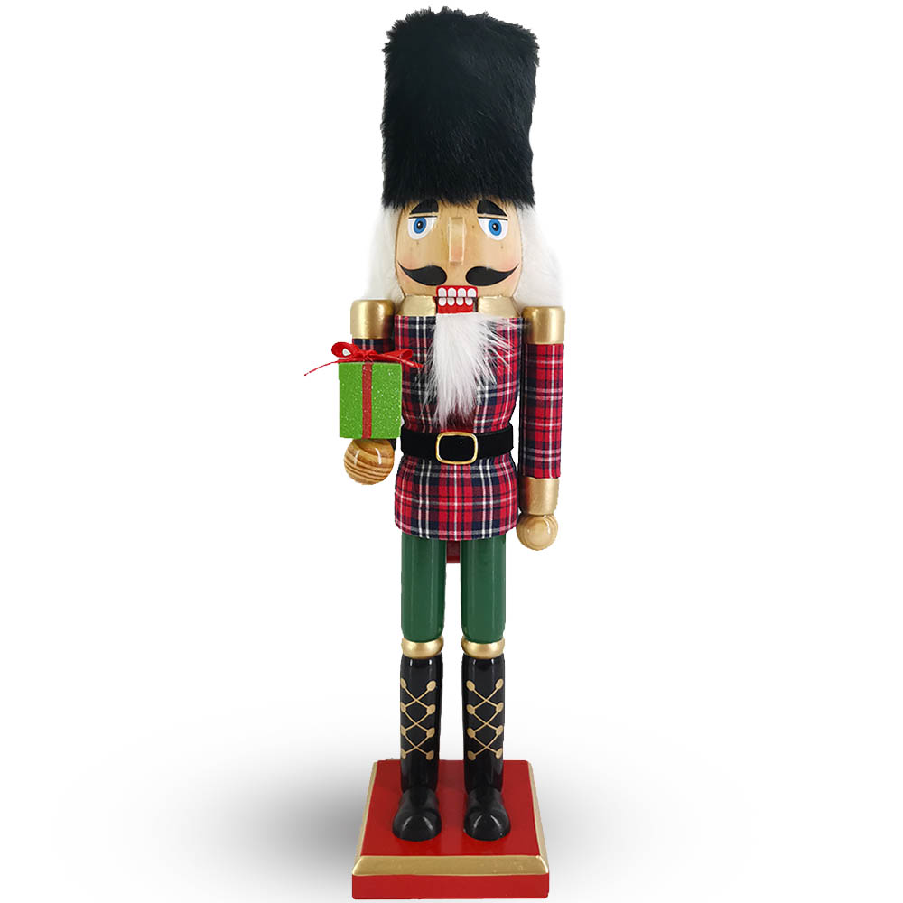 Soldier Nutcracker in Red and Green Plaid with Black Fur Hat 15 inch