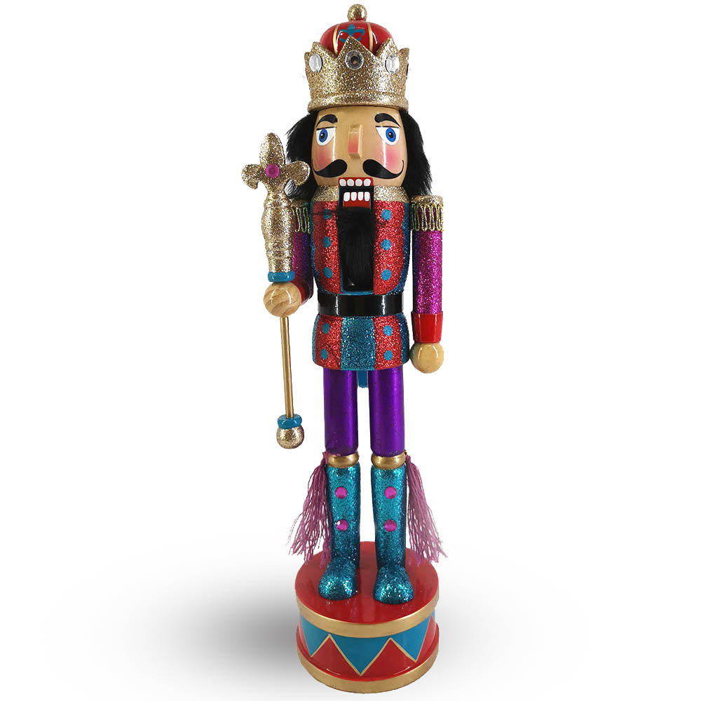 Funky King Nutcracker in Red and Purple Glitter on Drum Base 15 inch