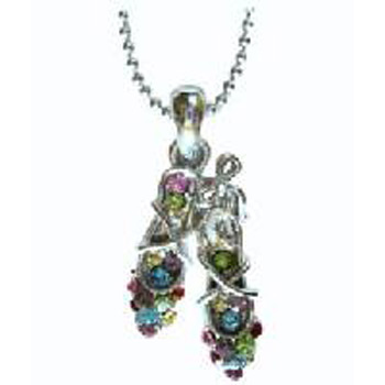Silver Ballet Slippers with Multi Colored Rhinestones Necklace