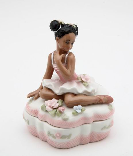 Porcelain African American Ballerina with Pink Dress Trinket Box