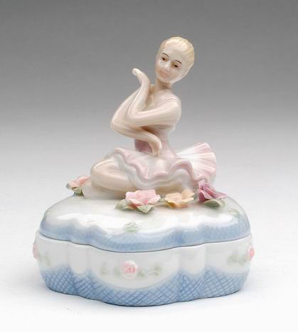 Porcelain Ballerina with White Dress Flower Shaped Trinket Box