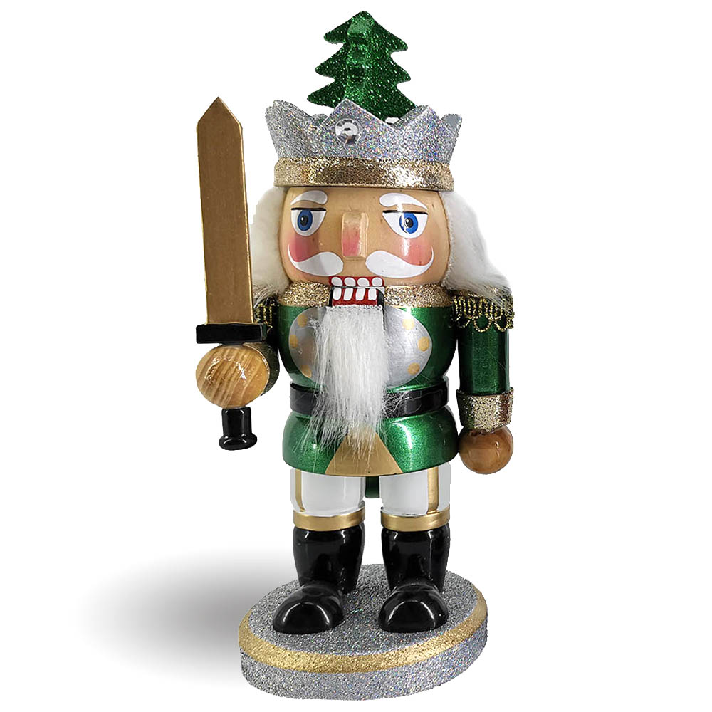 Chubby King Nutcracker in Green and Gold with Sword 8 inch