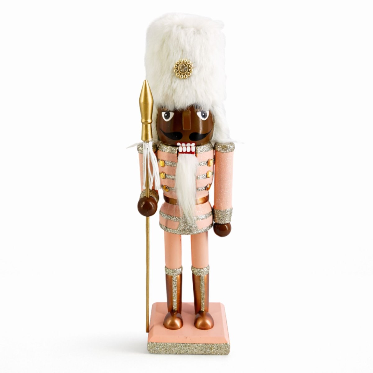 Soldier Nutcracker Pink Gold and White with Fur Hat and Gold Spear 10 Inch