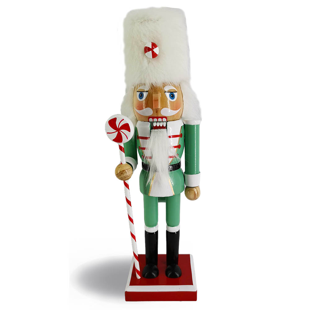 Candy Cane Soldier Green Peppermint Nutcracker White Fur Hat 10 Inch