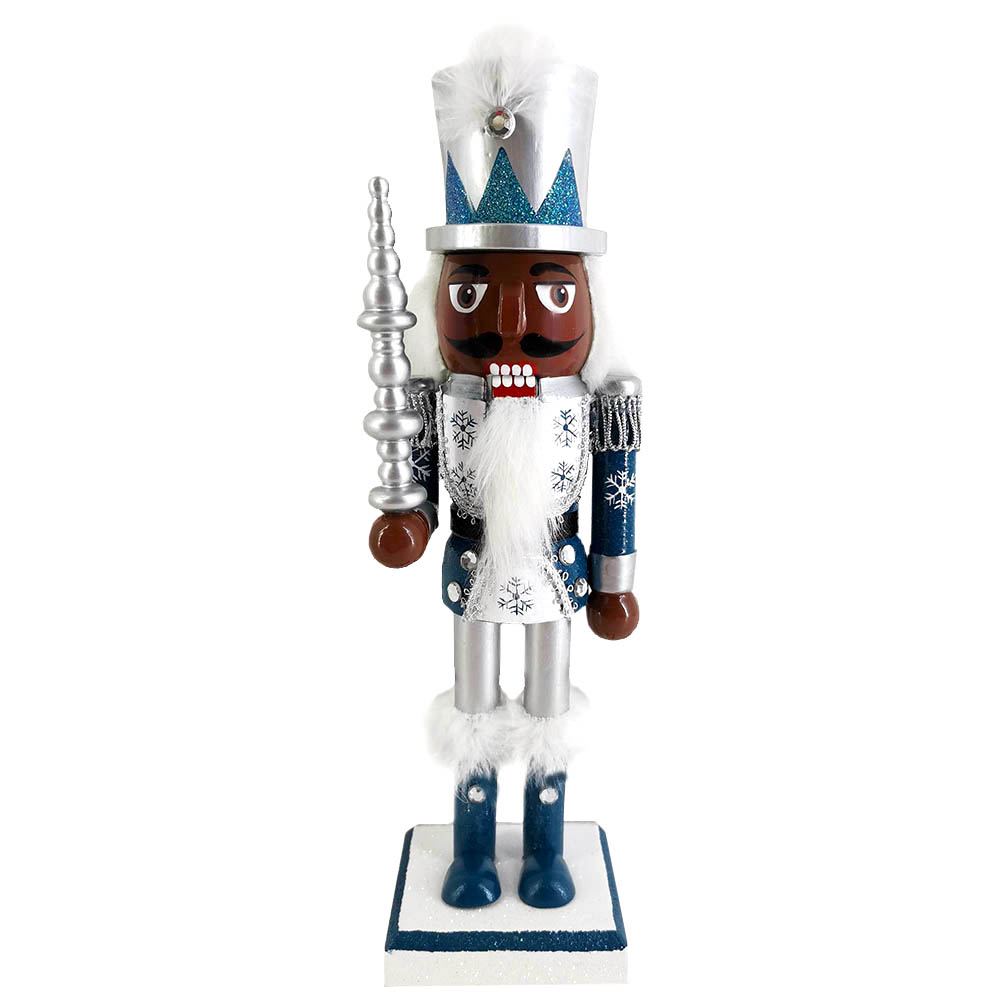 African American Snow Fantasy Soldier Nutcracker White Feather 10 inch