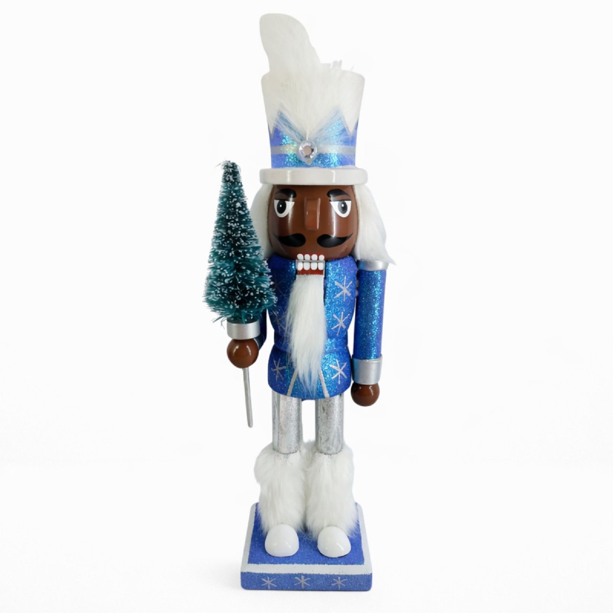 Soldier Nutcracker Blue and White with Snowy Tree Staff 10 Inch