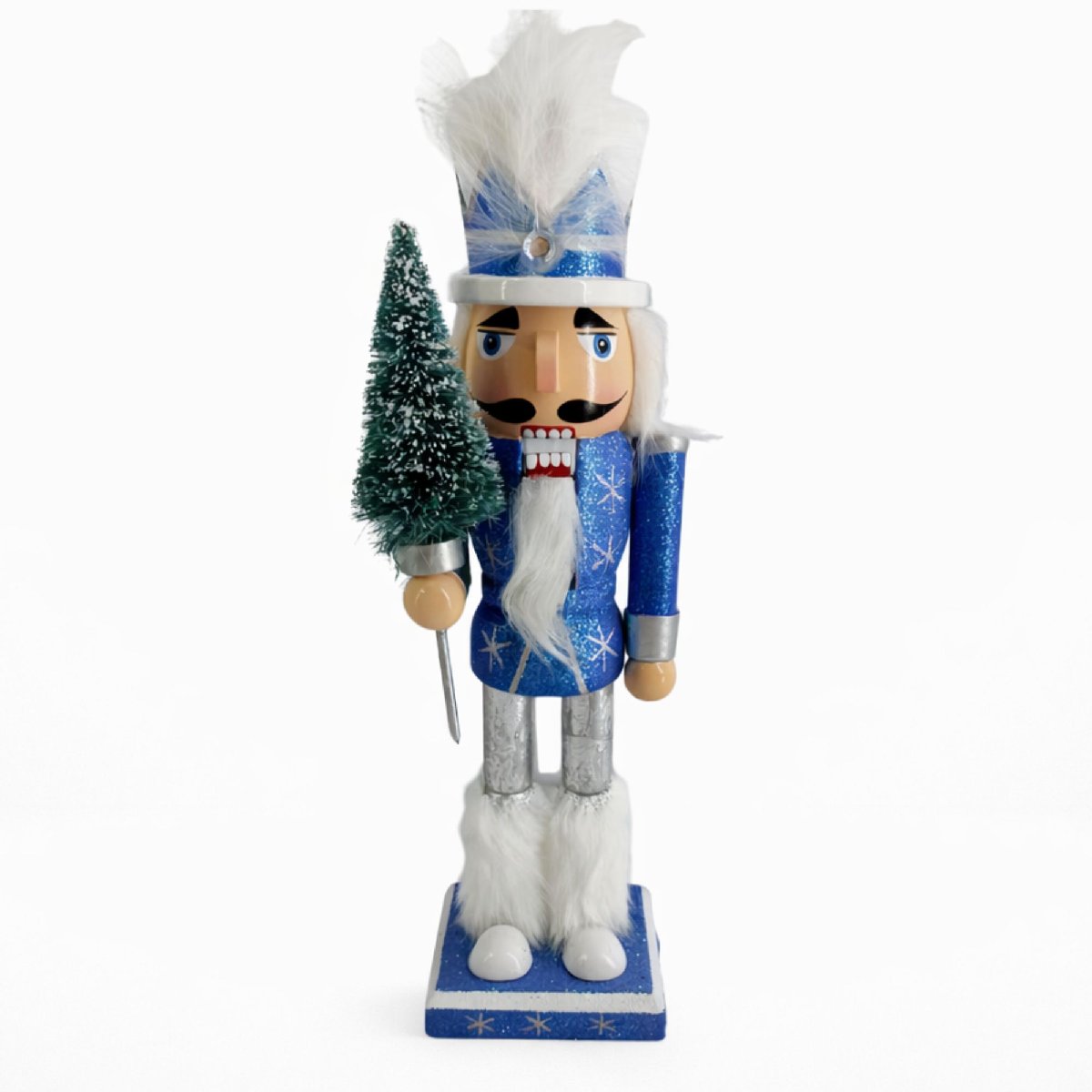 Soldier Nutcracker Blue and White with Snowy Tree Staff 10 Inch