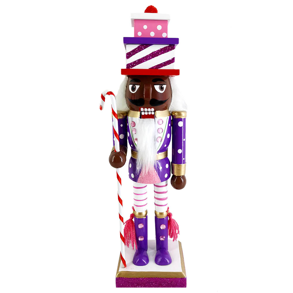Candy Cane African American Nutcracker Purple White and Pink with Gift Hat 10 inch