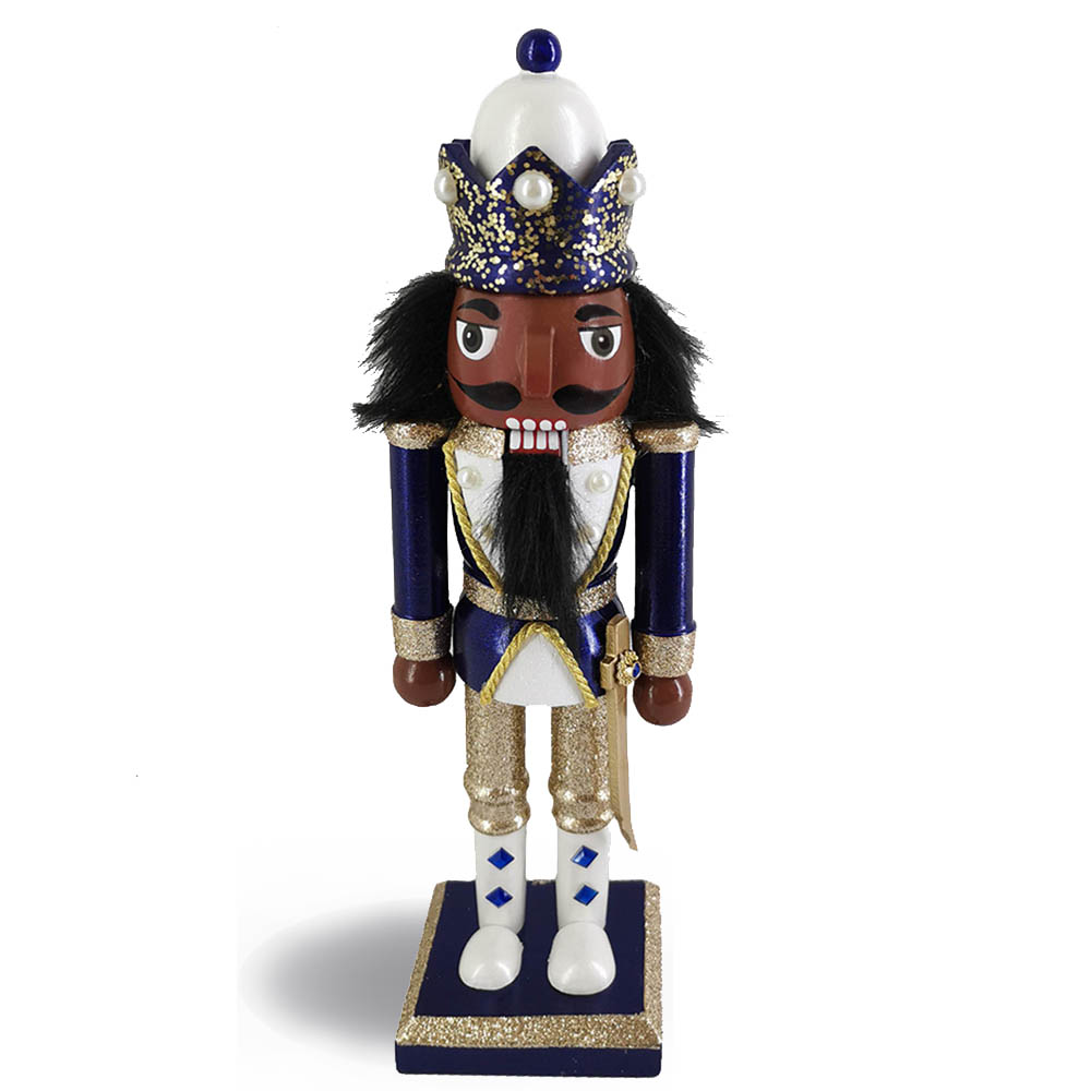 African American King Nutcracker Navy Gold with Glitter Crown 10 inch