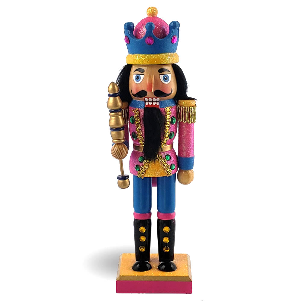 King Nutcracker Glitter Blue in Pink Jacket with Crown 10 Inch