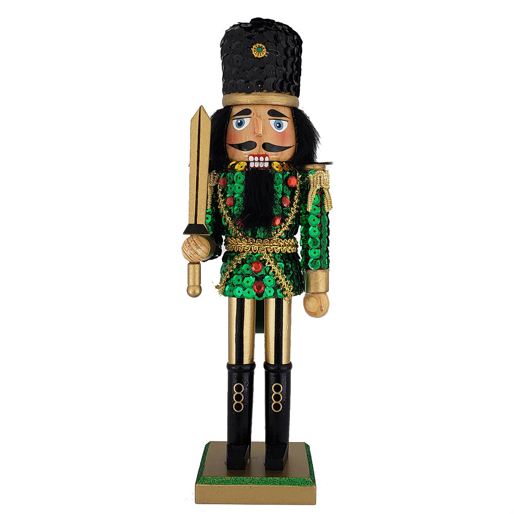 Soldier Nutcracker Sequin Jacket Green Gold with Hat 12 inch