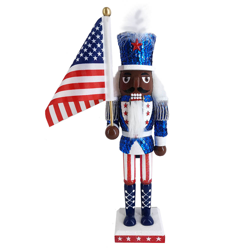 African American Patriotic Nutcracker Sequin Jacket and Flag 12 inch