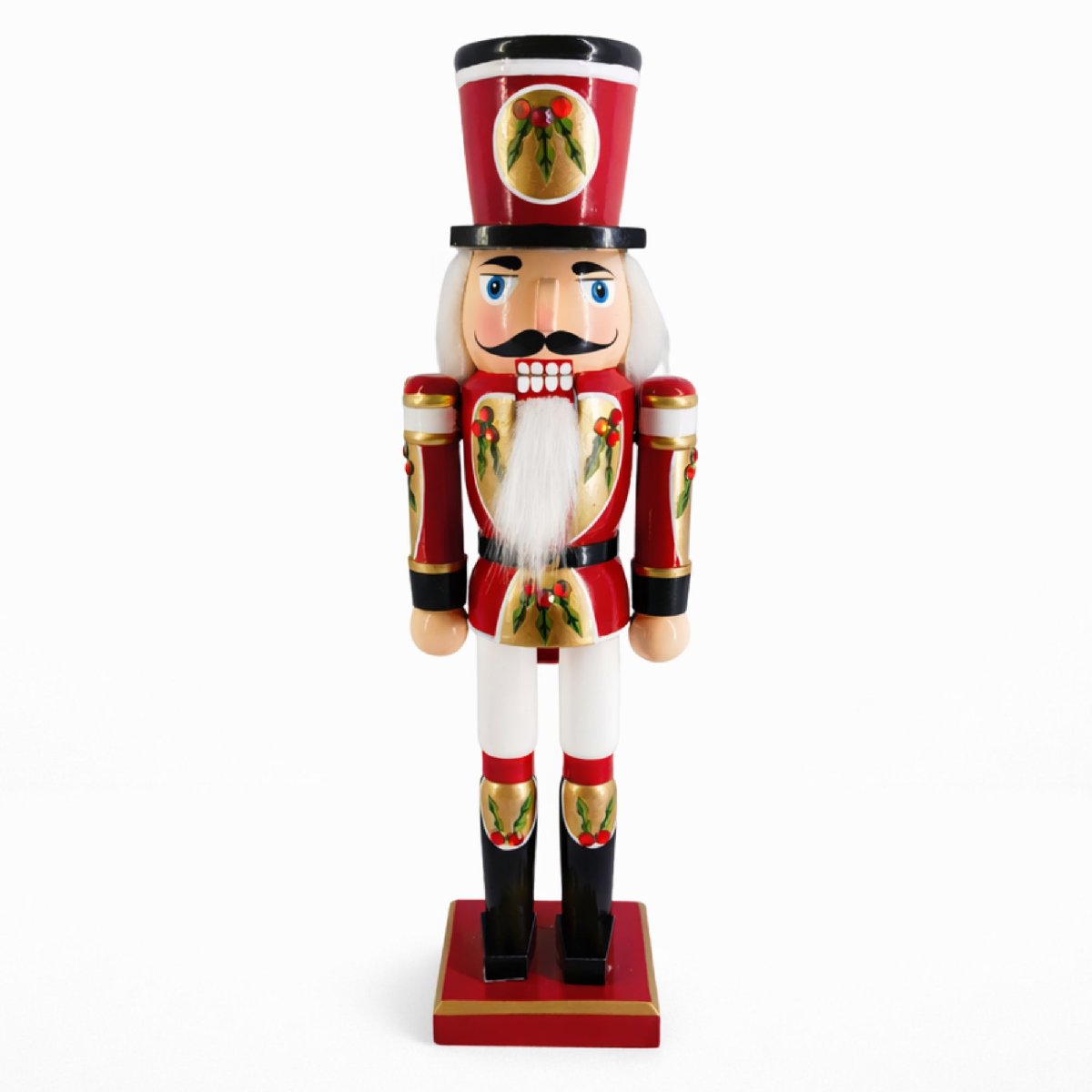 Soldier Nutcracker Red White and Black with Holly Top Hat 12 Inch