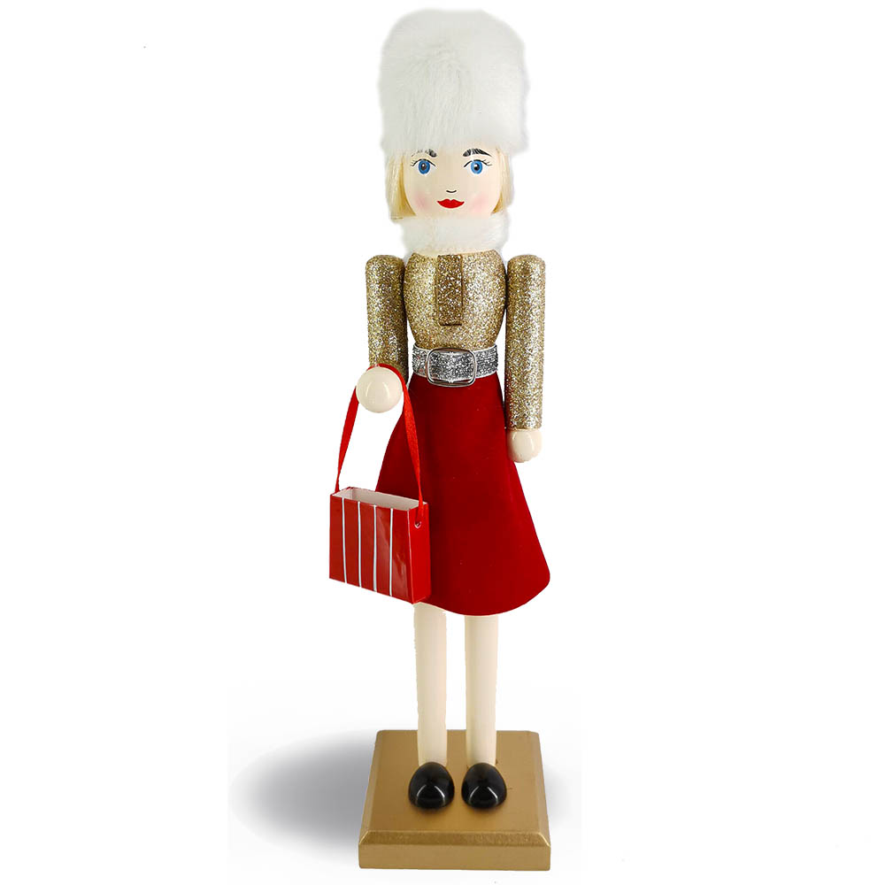Shopper Girl Red Skirt White Fur Hat Nutcracker 12 inch