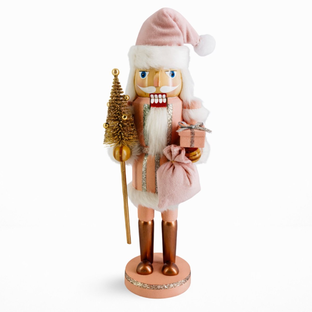 Santa Nutcracker Pink White and Gold with Tree and Gift Sack 12 Inch