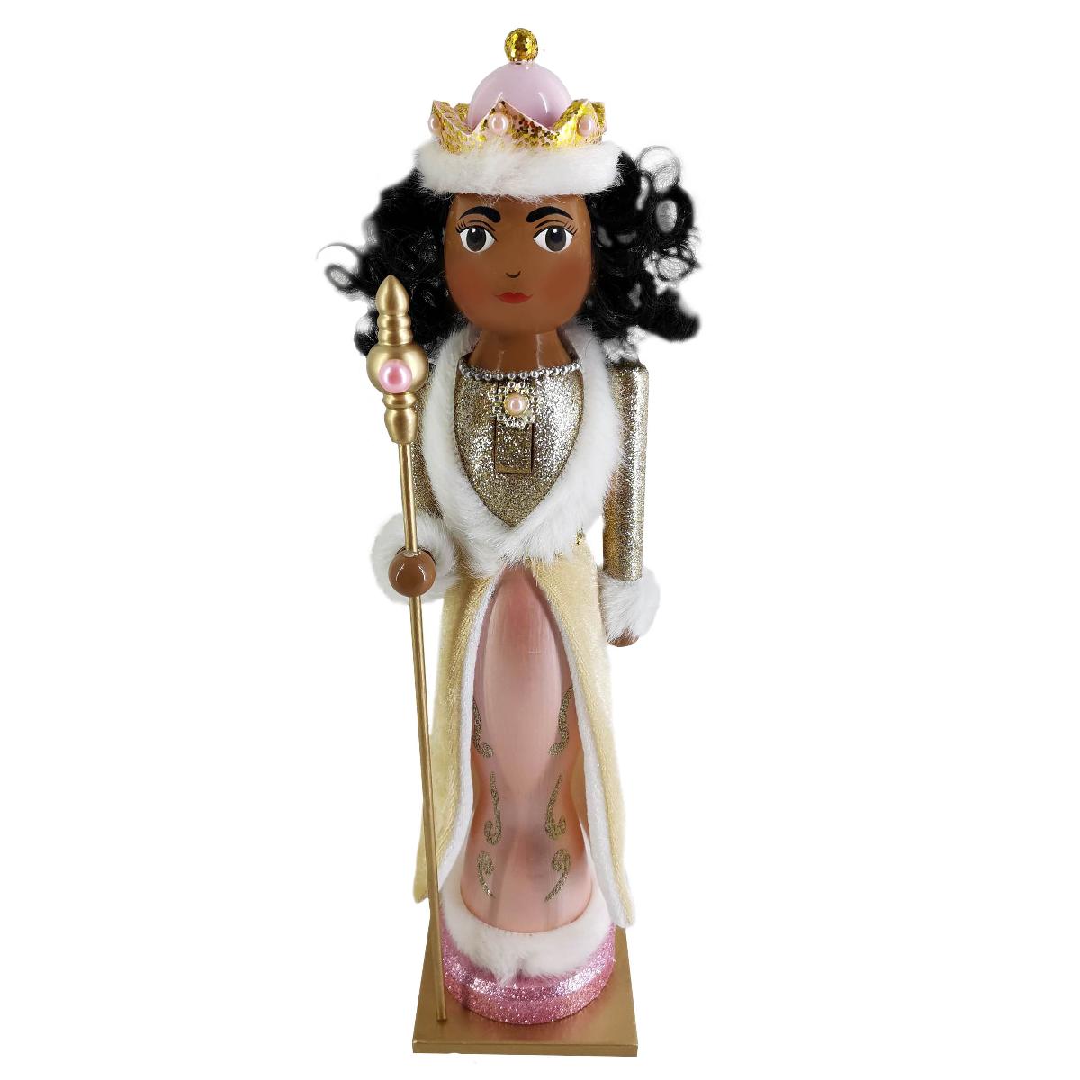 Fancy African American Rose Gold Nutcracker Queen in Pink Gold and White Fur Trim 14 Inch