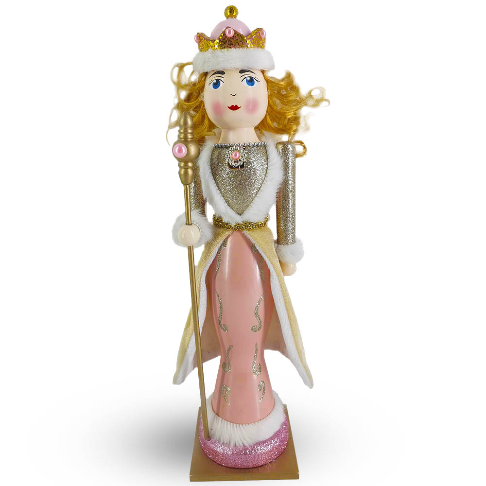 Fancy Rose Gold Nutcracker Queen in Pink, Gold and White Fur Trim 14 Inch