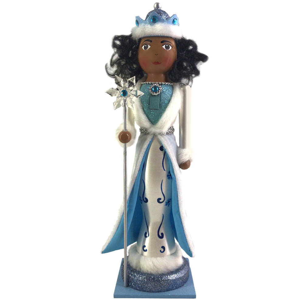 African American Snow Fantasy Nutcracker Queen in Soft White, Blue and White Fur Trim 14 Inch