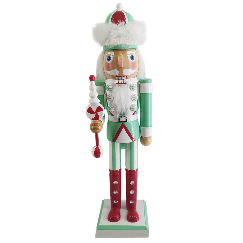 Candy Cane Green and White with Fur Hat Nutcracker 15 inch