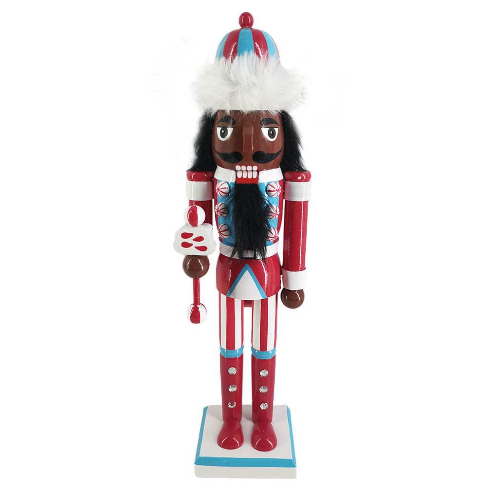 African American Red and Blue Candy Cane Nutcracker in Fur Hat 15 Inch