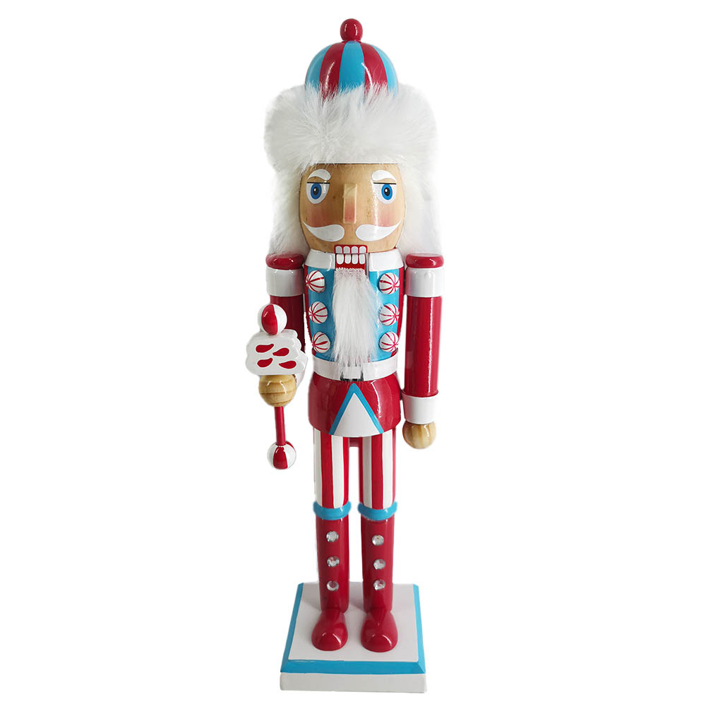 Candy Cane Red and Blue with Fur Hat Nutcracker 15 inch