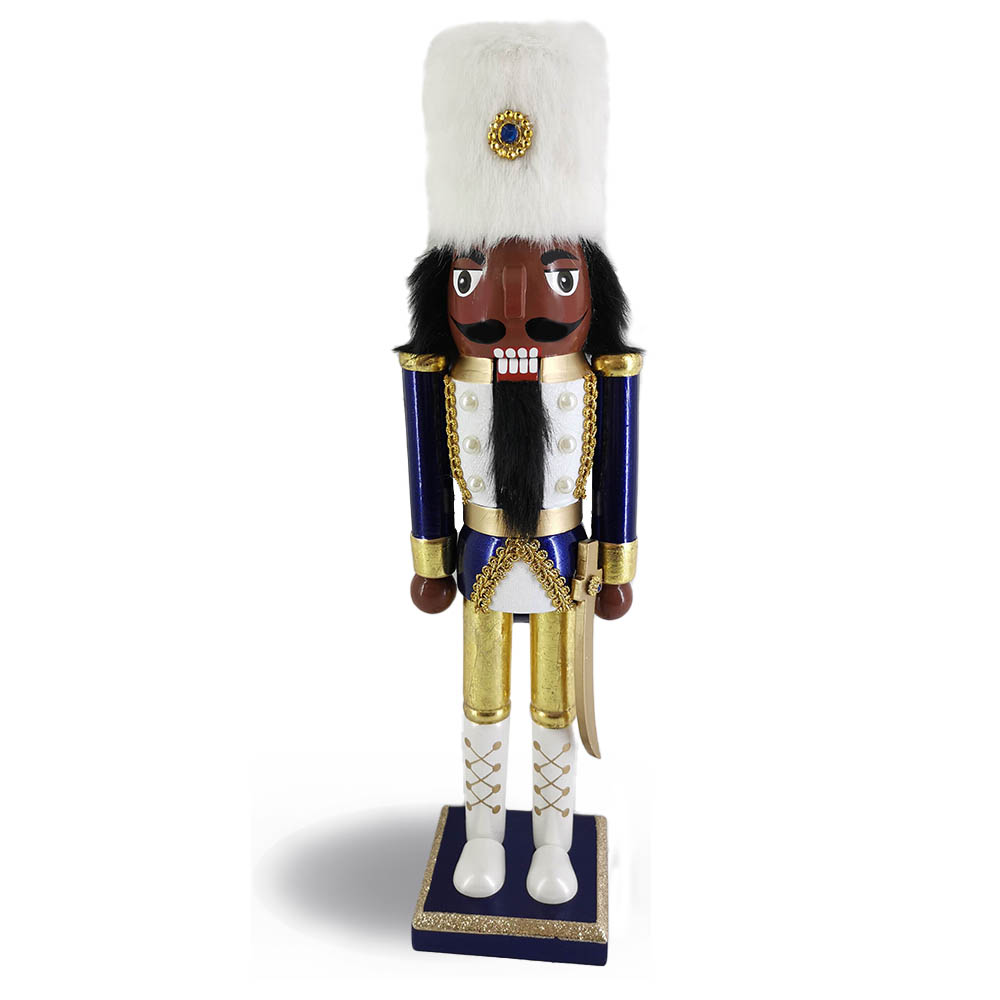 African American Soldier Nutcracker with Navy Jacket and Fur Hat 15 inch