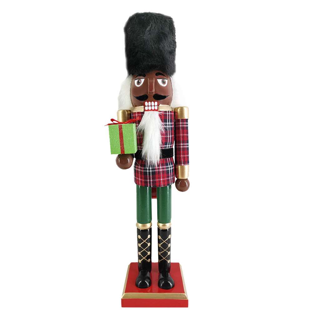 African American Soldier Nutcracker in Red and Green Plaid with Black Fur Hat 15 inch