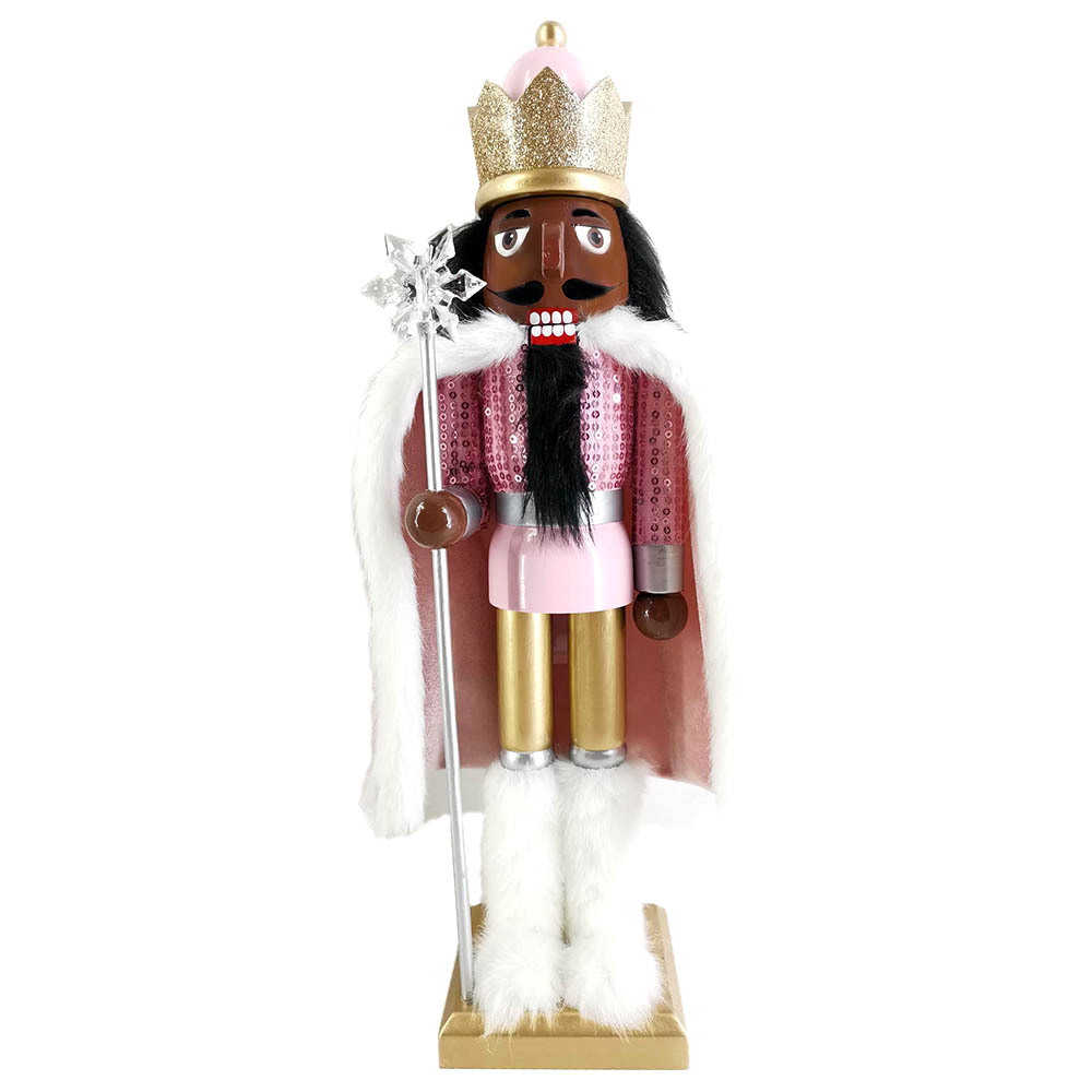 African American King Nutcracker with Pink Sequins, Cape and Fur Boots 15 inch