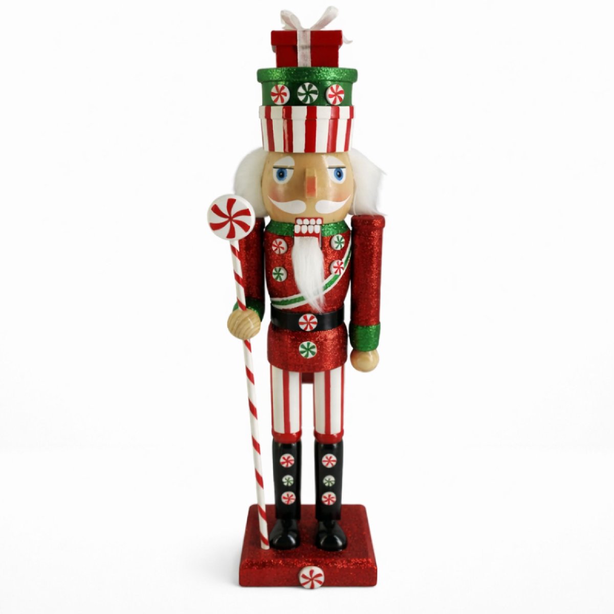 Peppermint Soldier Nutcracker Red and Green with Candy Cane Staff 15 Inch