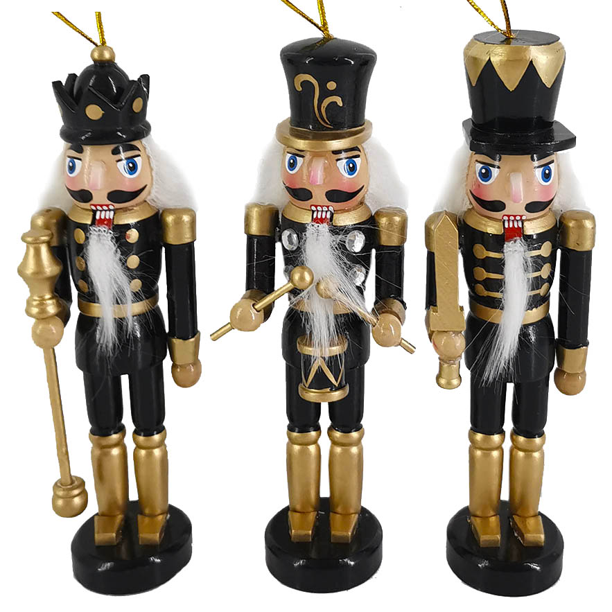 Black and Gold Nutcracker Ornaments set of 3 in 6 inch