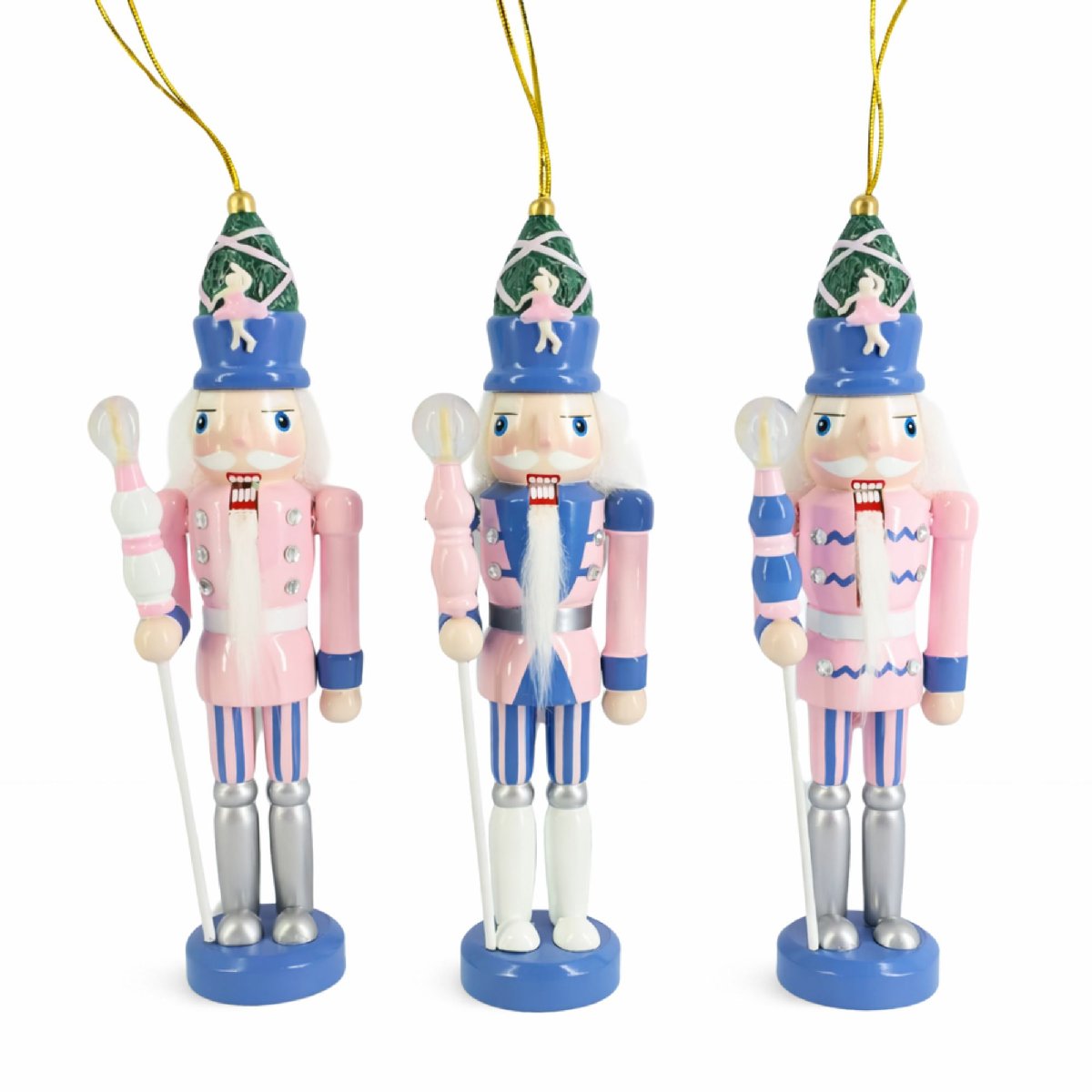 Pastel Candy Nutcracker Ornament Set Pink Blue and Silver Set of 3