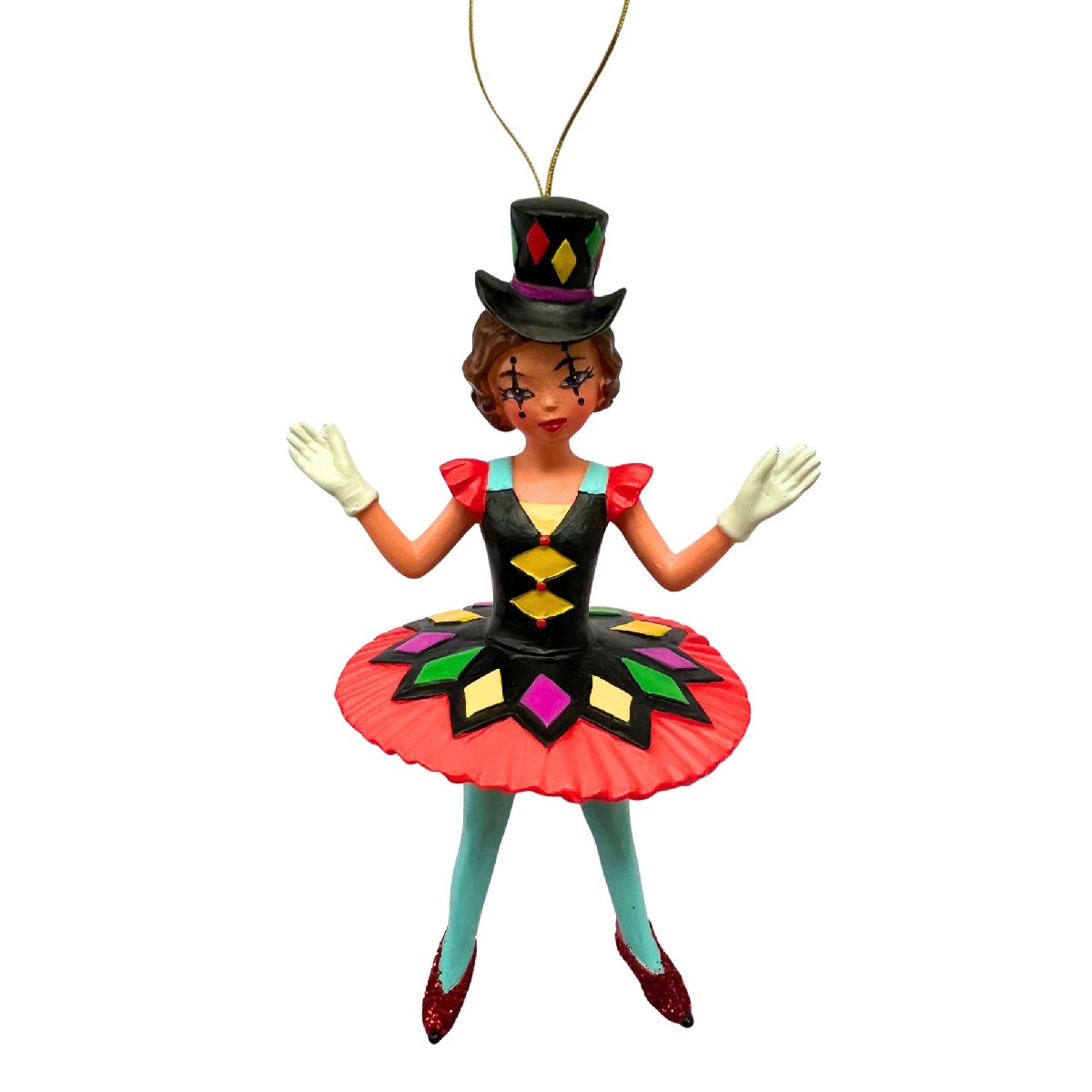 Harlequin Doll Ornament Red and Black with Top Hat 4 Inch