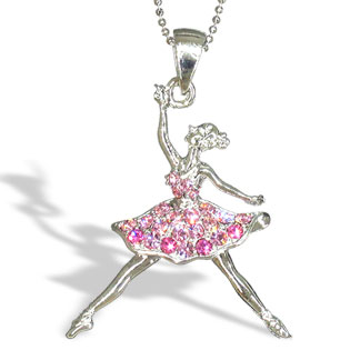 Silver Ballerina Ballet Dancer with Pink Austrian Crystals Necklace