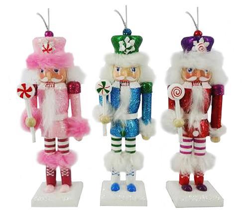 Cotton Candy Cane Nutcracker Ornament set of 3 in 6 inch